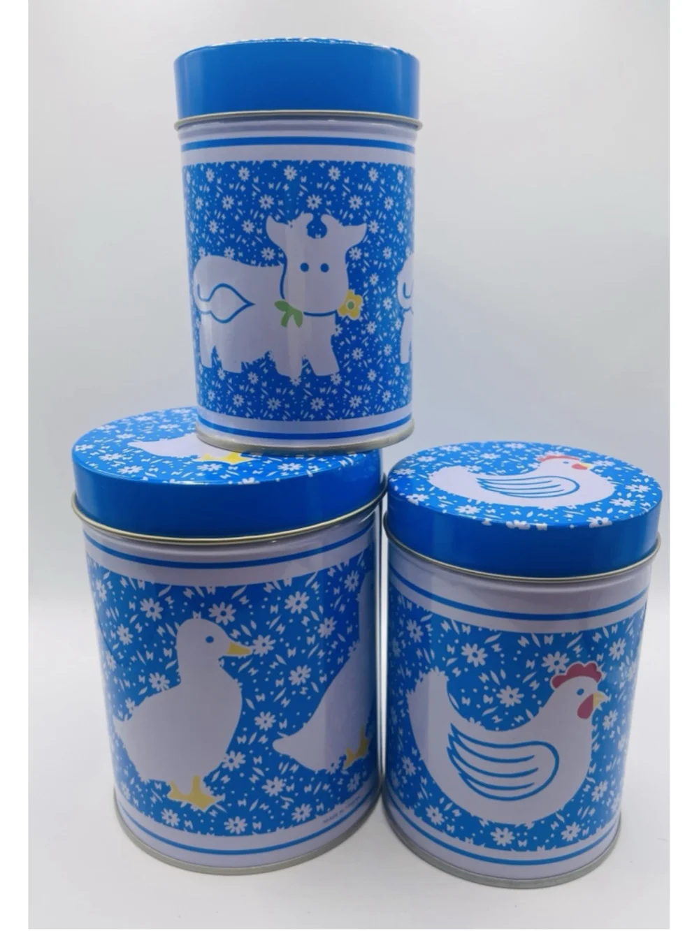 Set of (3) Vintage Country Calico Tin Kitchen Canisters Blue Duck Chick Cow